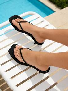 Women's Brown Suede Mid-Heel Sandals, 2025 Spring/Summer New Arrival Peep Toe High Heel Slides Beach Slippers - Black - View 5