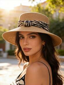 1pc Elegant Wide Brim Zebra Print Straw Hat, Suitable For Spring And Summer, Suitable For Outdoor Activities, Beach, Travel And Vacation. Features Include UV Protection, Breathability, Moisture-Wicking, Multi-Functional And Portable Design. - Multicolor - View 4
