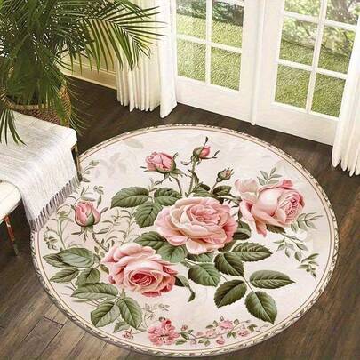 1pc White Background Pink Rose Warm Living Room Floor Mat, Bedroom Decor, Home Casual Carpet, Decorative Rug, Bedroom Decor, Small Rug, Carpet, Home Decor, Living Room Carpet, Living Room Small Rug, Bedroom Carpet, Living Room Home Decor, Outdoor Carpet, Washable Rug