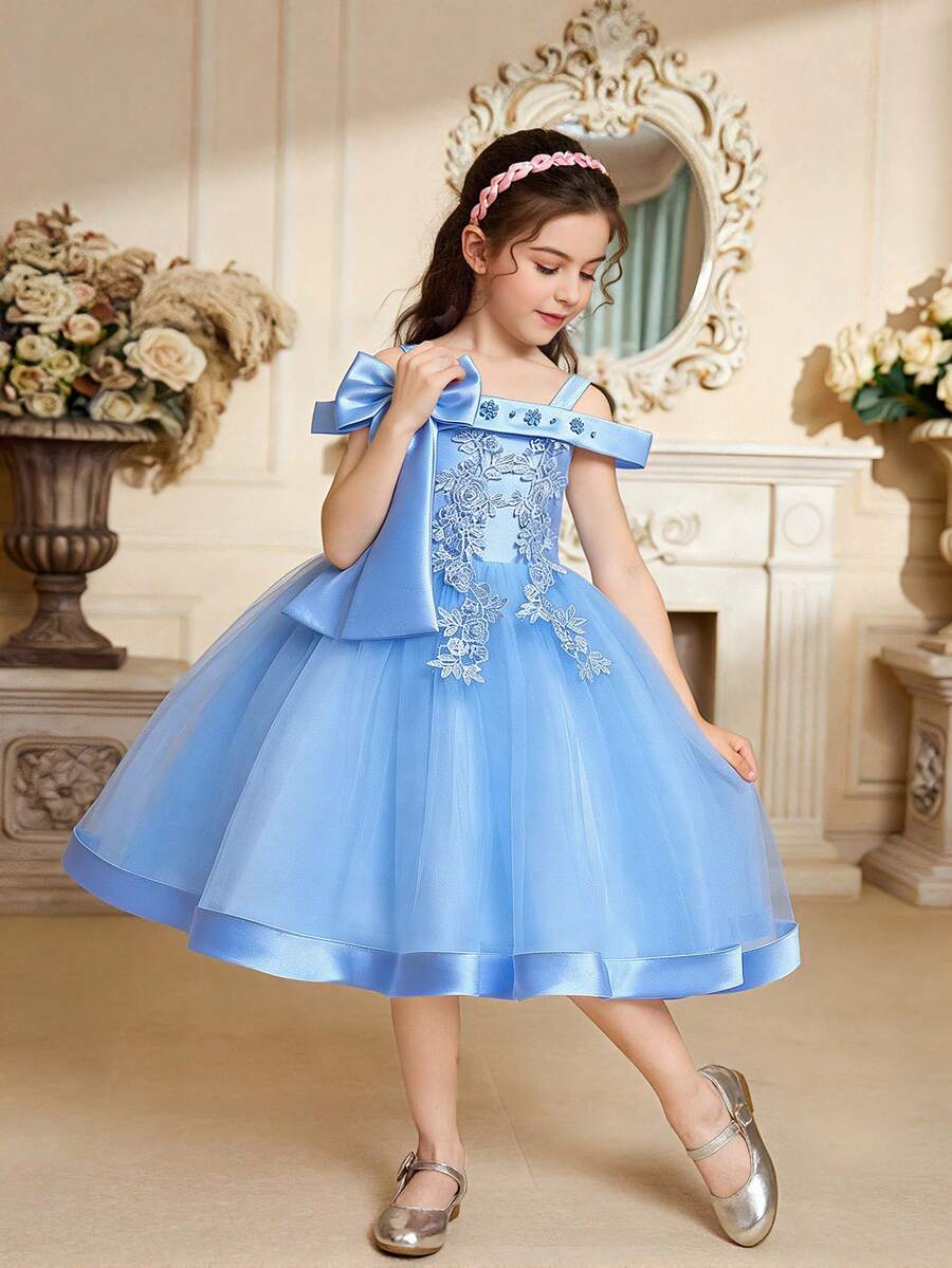 Váy lưới nơ hoa không tay thanh lịch cho bé gái, thích hợp cho tiệc sinh nhật, không bao gồm băng đô - Màu xanh nhạt - Xem 1