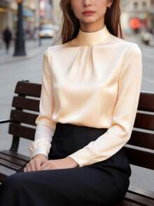 Blusa de satén negro elegante para mujer, con cuello alto, manga larga plisada, textura de satén estilizante, adecuada para la oficina o eventos formales y casuales, con botones de unicolor, perfecta para primavera, verano, otoño e invierno - Albaricoque - Ver 3