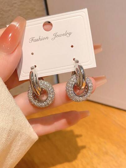 2pcs Classic Luxury Fully Paved Zirconia Double Hoop Wrap Around Earrings, Everyday & Work Wear Jewelry For Women