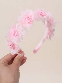 1pc Pink Hair Band For Girls,Mesh Flower Decor Headband For Girls,Fashion Flower Hair Accessories For Girls Party Gifts - Pink - View 3
