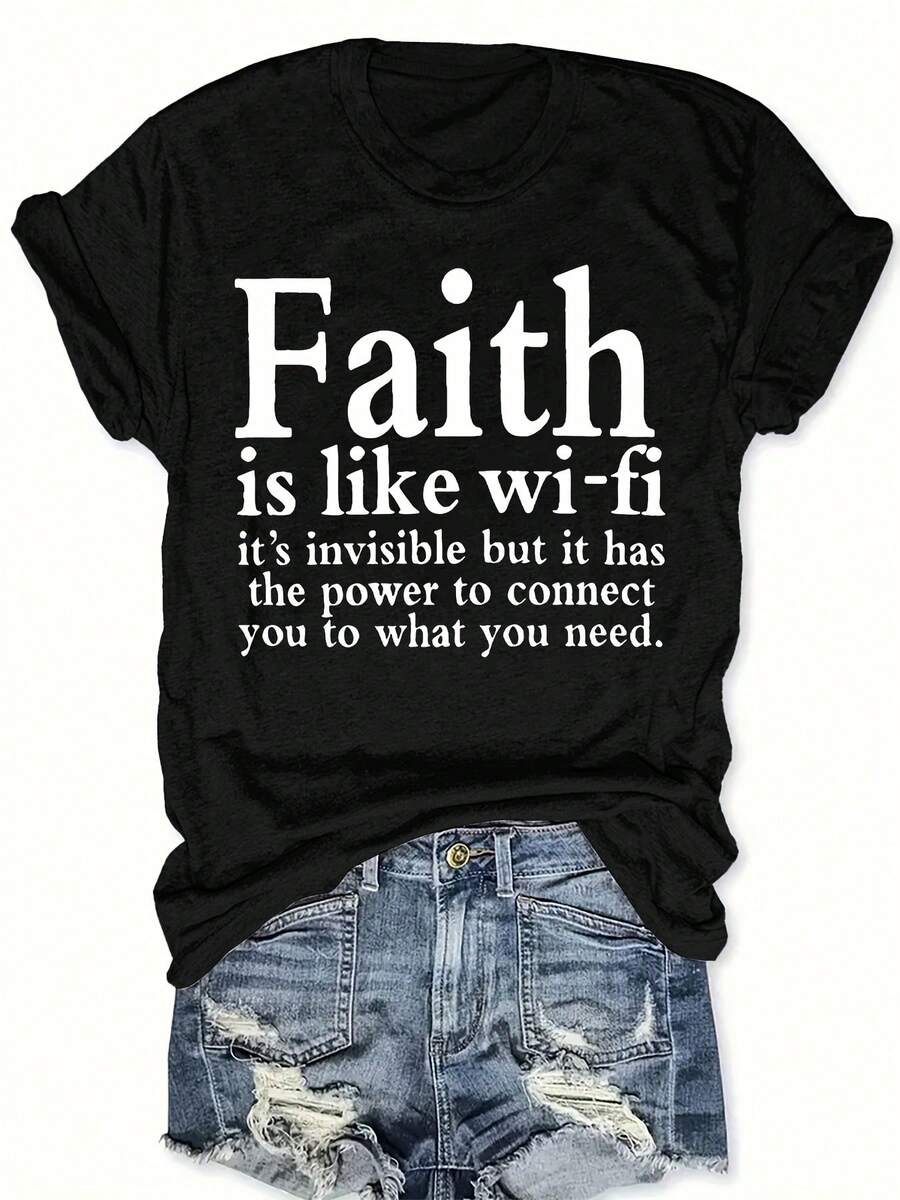 Plus Size - Plus Size - Plus Size Letter Print T-Shirt, Short-Sleeve Round Neck Casual Top, Suitable For Summer And Spring, Women'S Plus Size Clothing - màu đen - Xem 1