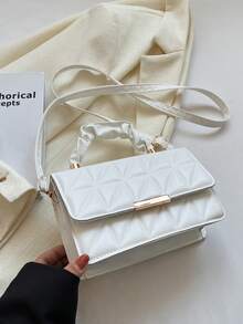 纯色PU皮革拼接蝴蝶结设计翻盖方形斜挎包，适合女性日常通勤、购物、旅行、聚会、闺蜜之夜、节日庆典、生日礼物及派对等场合。 - 白色 - 查看 9