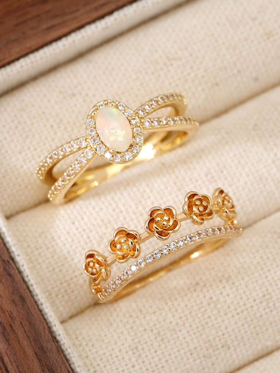 2件套女士镶钻双层花朵戒指套装，适合日常佩戴 - 戒指套裝 - 查看 1