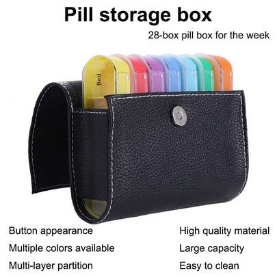 大容量周用药盒 - 7 个隔层，每日 4 次，每周 7 天 - 高级 PU 皮革便携包，经典款式，方便旅行携带