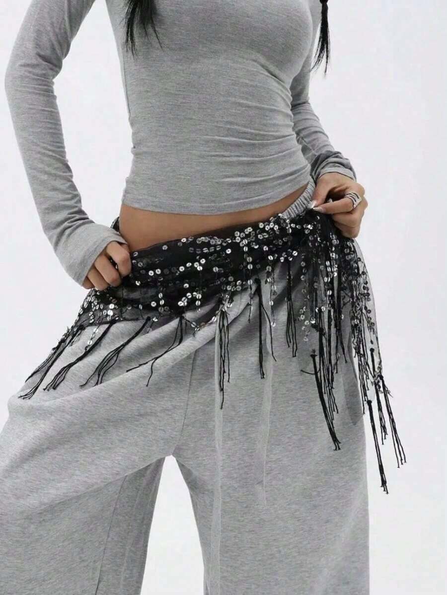1pc Women's Street Dance Waist Chain & Scarf, Jazz/Belly Dance Performance Waistband, Sequin Tassel Waist Wrap Skirt Belt, Waist Decor Summer School Fall, Autumn, Halloween - 藍湖 - 查看 1