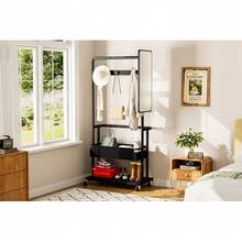 Sturdy Metal Clothes Rack With Wheels, 3-In-1 Design With Basket And Mirror, Clothes Hangers, Mobile Clothes Rack With Wheels, Spacious Wardrobe Rack, 70*40*170cm - Black - View 8