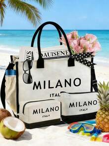 This Women's Beach Themed Handbag Set Features The Artistic "Milano Italy" Logo And Includes A Large Capacity Handbag And Two Makeup Bags. - Multicolor - View 14