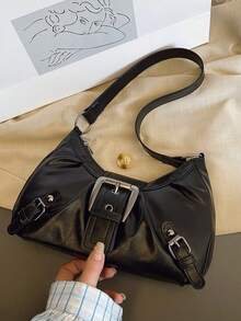 大容量褶皱腋下包，新款美式复古通勤单肩包，时尚机车风斜挎包 - 黑色 - 查看 7