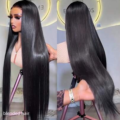 180 Density 26 Inch Brazilian Bone Straight 13x4 Lace Frontal Human Blended Hair HD Transparent Lace Front Closure Bob Wig For Women Natural Black