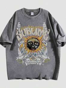 Retro Sun Face Skull Print, SUBLIM Band Style Free Theme Loose Short Sleeved Shirt Vintage Washed CottonT-Shirt Crew Neck Soft Tee For Men Women - 灰色 02 - 查看 1