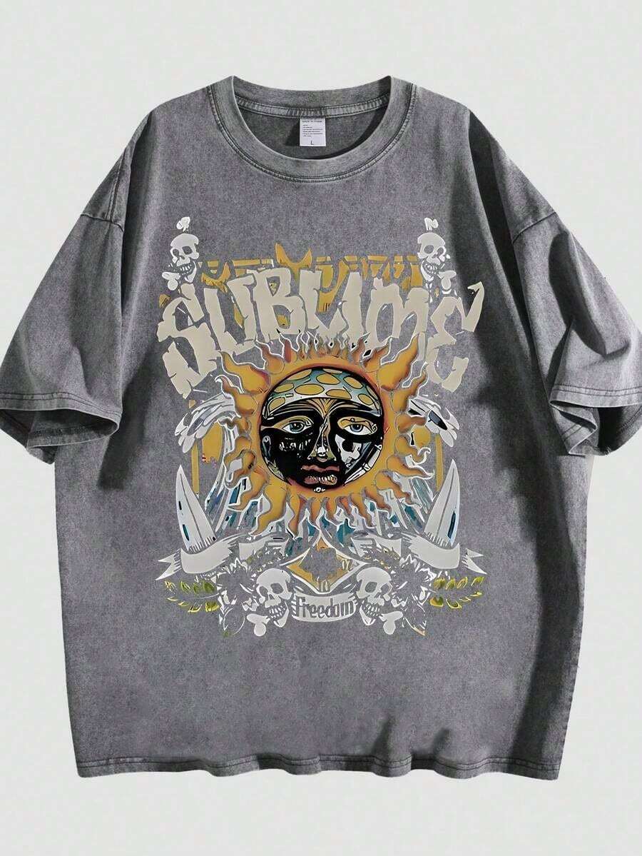 Retro Sun Face Skull Print, SUBLIM Band Style Free Theme Loose Short Sleeved Shirt Vintage Washed CottonT-Shirt Crew Neck Soft Tee For Men Women - 灰色 02 - 查看 1