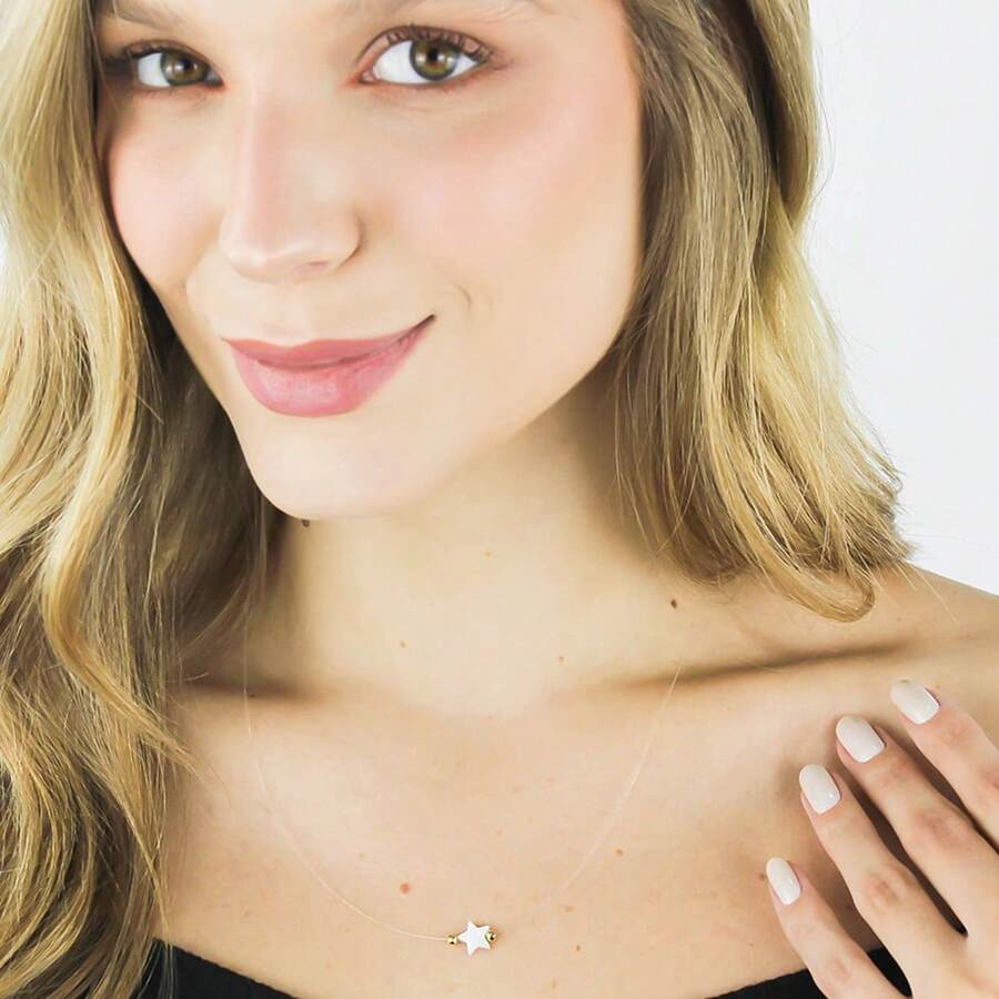 Invisible Necklace With Mother-Of-Pearl Star Pendant And Extender Beads, 18k Gold Plated - White - View 1