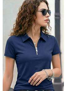 Women's Premium Polo Shirt With Zipper - Navy Blue - View 6