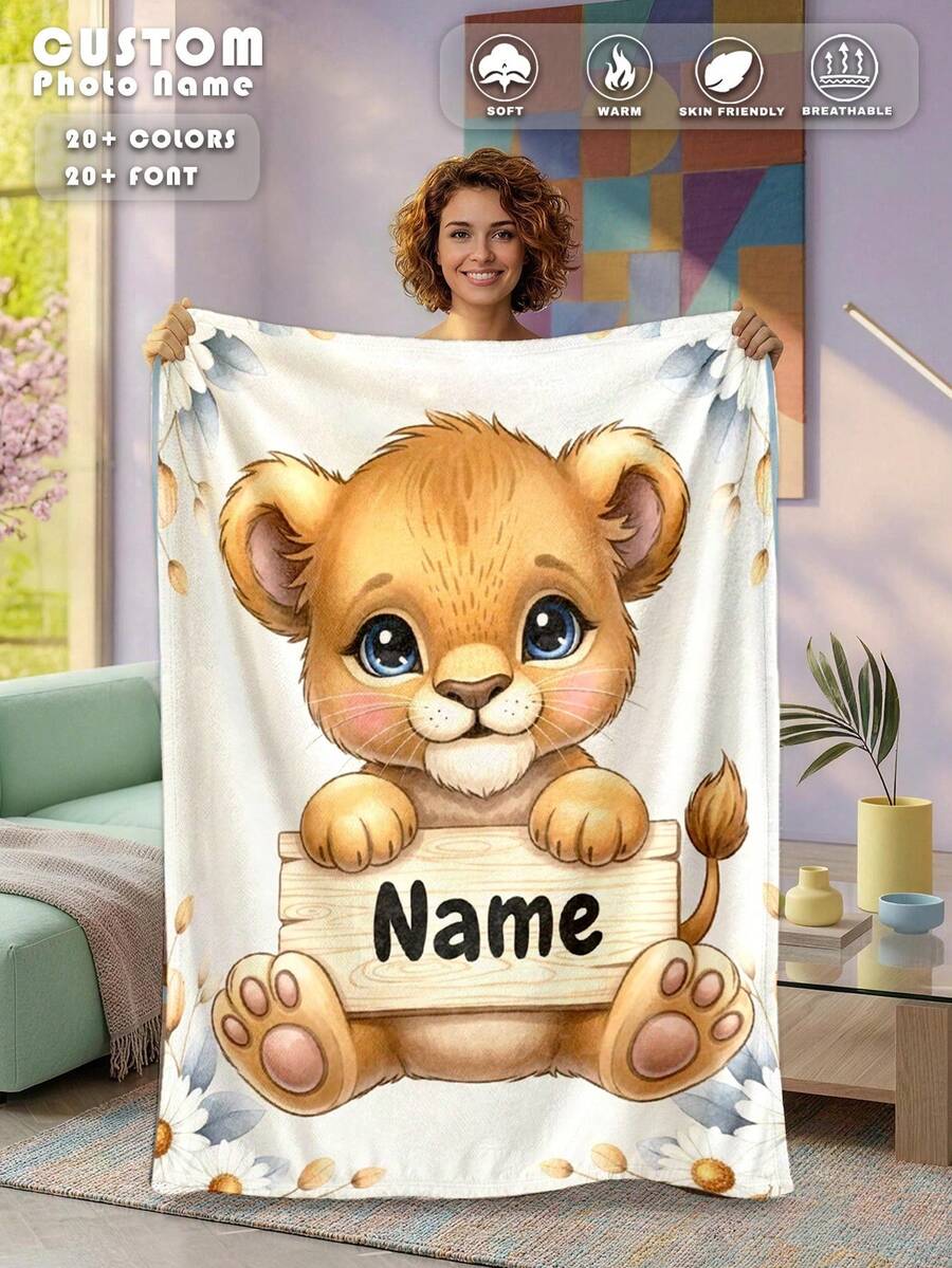 1 Peça Cobertor Personalizado com Nome para Cama, Multiuso para Sala de Estar, Sofá, Praia, Camping, Animal de Estimação, Cobertor de Roupa de Cama com Texto Personalizado para Família/Animal de Estimação/Casal, Presentes de Aniversário, Presente para Amigo, Presente para Ela, Presente para Filho/Filha, Decoração de Quarto, Aconchegante - Estilo 1 - Visão 1