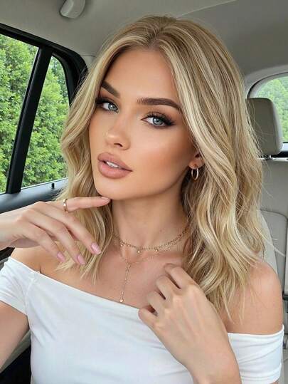 12 INCH Linen Gold Short Wavy Hair Synthetic Heat-Resistant Wig Women's Wigs Middle-Part Bangs Are Ideal For Everyday And Party Cosplay Use