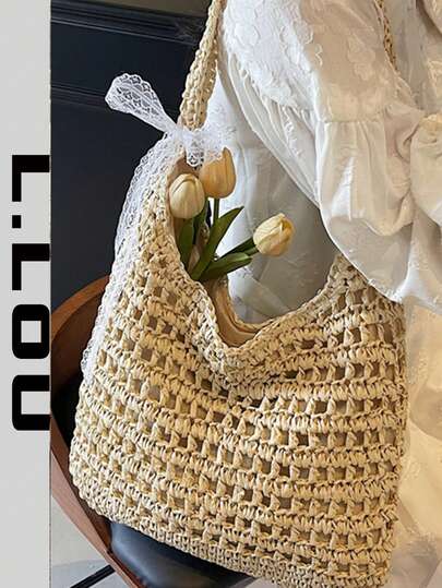 Bolsa tote minimalista de tecido trançado, lançamento de 2026, bolsa de ombro vazada de grande capacidade, bolsa de praia casual para meninas, primavera/verão.