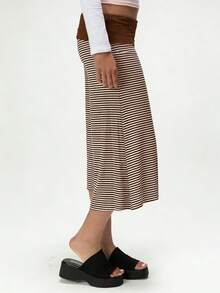 Women Fold Over Low Rise Lounge Capris Pants Casual Wide Leg Cropped Flowy Gaucho Pants Comfy Foldover Waist Yoga Coluttes Pajama Bottoms Summer Beach Palazzo Pants - Nâu sọc - Xem 2