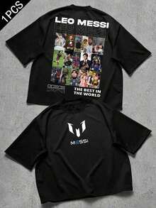 World Cup T-Shirt With Leos Messis Print, Double-Sided Collage Style. Graphic T-Shirt With Round Neck, Short Sleeves, Soft And Comfortable For Men And Women, Casual Urban Fashion For All Seasons, Streetwear Top. - Black - View 1