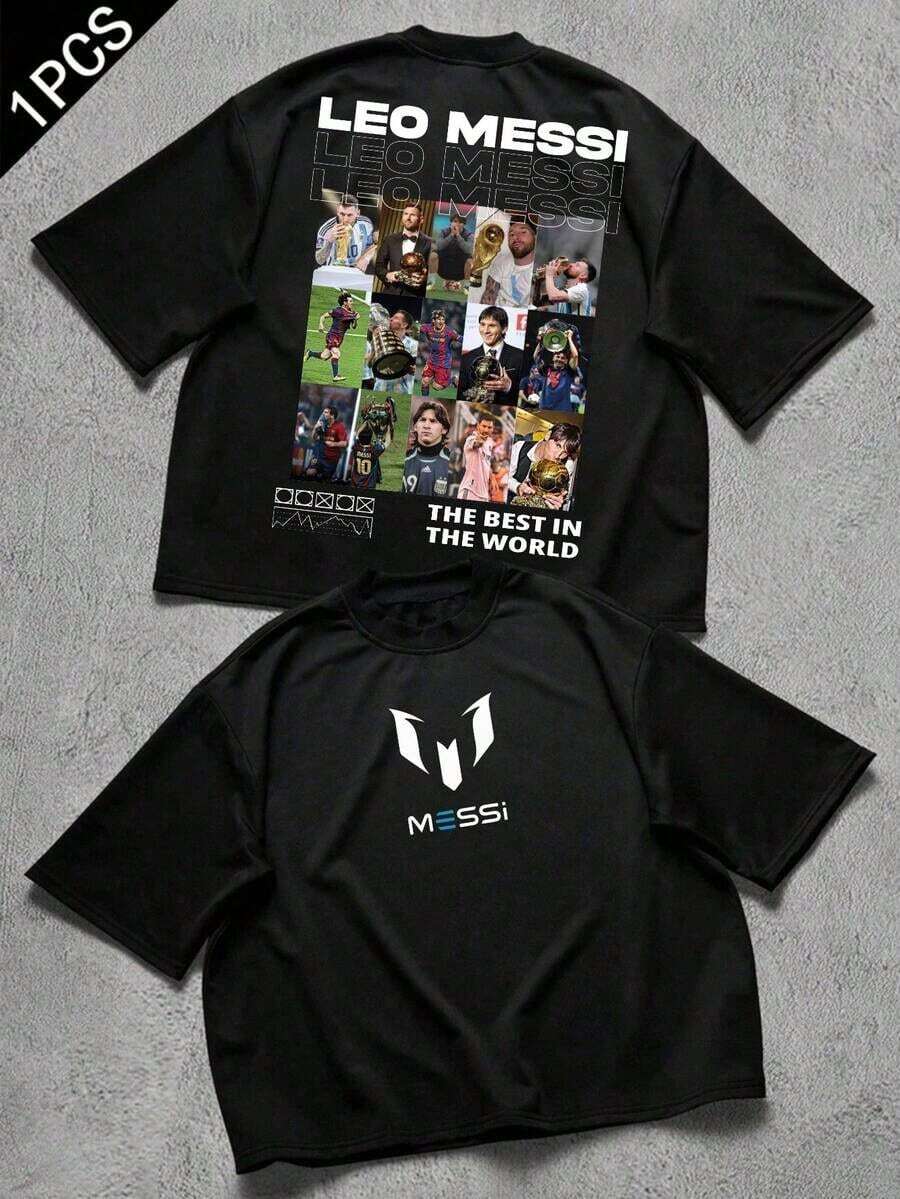 World Cup T-Shirt With Leos Messis Print, Double-Sided Collage Style. Graphic T-Shirt With Round Neck, Short Sleeves, Soft And Comfortable For Men And Women, Casual Urban Fashion For All Seasons, Streetwear Top. - Black - View 1