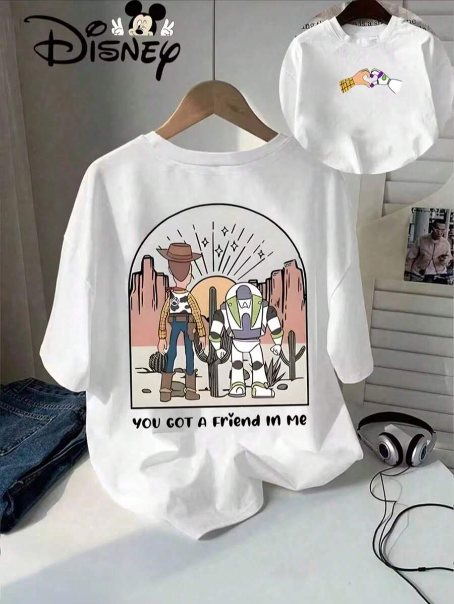Women's Casual Disney Toy Story Graphic Print Cotton Round Neck Short Sleeve T-Shirt, Regular Fit Top - 白色 - 查看 1