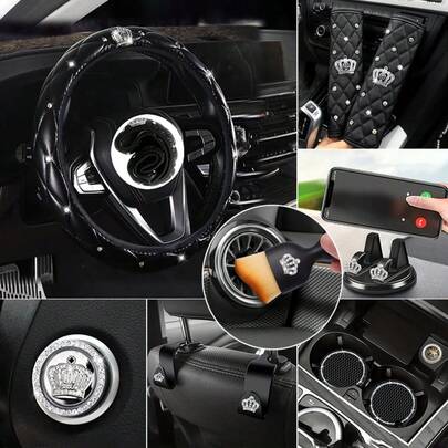 11pcs Car Accessories Decoration - Crown Pattern - Steering Wheel Cover Without Inner Ring, Car Safety Belt Shoulder Pad, Car Seat Front Hook, Car One-Key Start Decoration, Phone Holder, Cup Mat, Cleaning Brush - Car Interior Decor