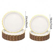 10个白色金色纸盘，7英寸和9英寸象牙色扇形纸盘，带金色箔片，白色一次性纸盘套装，适用于生日、婚礼、圣诞节、新年、新娘送礼会等派对装饰 - 白色 - 查看 9