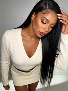 VIOLLY Tóc giả thẳng 28 inch 13x6 HD trong suốt, kiểu rẽ ngôi tự do từ tai đến tai, mật độ 200%, đường chân tóc mềm mại, tóc con, đã tỉa sẵn, đã tẩy trắng các nút thắt, màu #1B, pha trộn tóc tự nhiên, thích hợp cho mùa lễ hội. - 1B - Xem 9