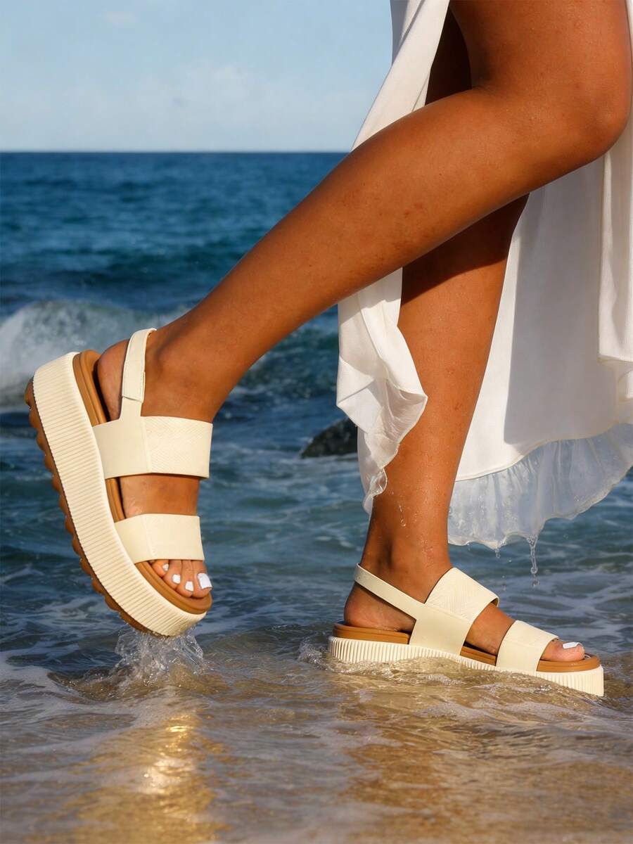 New Platform Water Sandals For Women Comfortable Chunky Wedge Open Toe Shoes Summer Walking Beach Vacation Waterproof Sandals - 白棕 - 查看 1