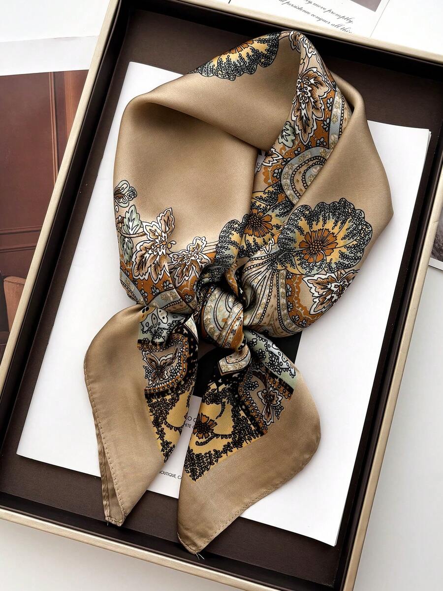 1pc 70*70cm Square Silk Printed Scarf, Fashion Silk Headscarf, Neck Scarf For Women - Khaki - View 1
