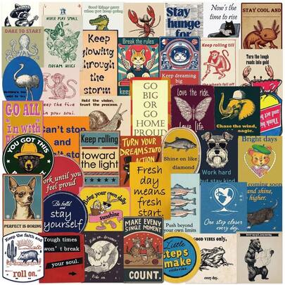 50PCS Retro American Motivation Decals Graffiti Stickers Decorated Suitcase Cycling Gear Water Bottle DIY Skateboard Luggage Helmet Self Adhesive Scrapbook Supplies Stationery Funny Stickers