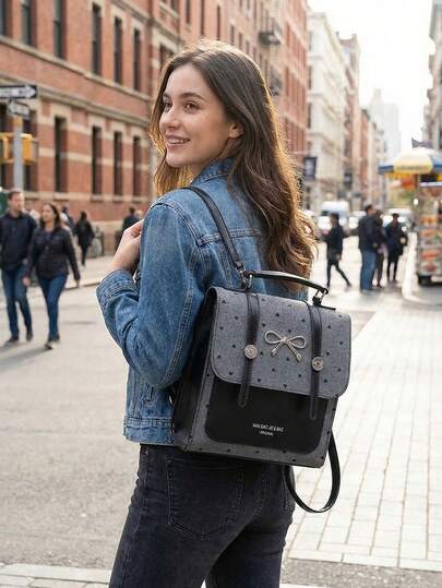 这款时尚休闲的女士双肩包/手提包，采用新颖的波点、爱心和蝴蝶结印花设计，是通勤必备单品，也是一款深受女性喜爱的时尚单肩包。适合通勤、返校季和购物等各种场合。