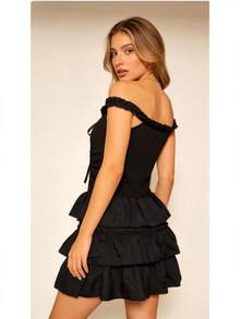 1pc New French Style Black Spaghetti Strap Dress, Spring/Summer Fitted Slimming Elegant Princess Tulle Dress, Suitable For Party, Game Theme, Ball, Photo Shoot, Romantic Dinner, Garden Date - Black - View 6