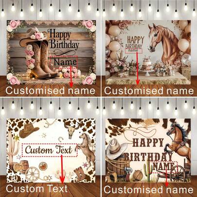 Customizable Name Text Cowboy Racing Theme Happy Birthday Backdrop Retro Wooden Board Pink Balloons Cowboy Hat Cactus Ram's Head Horseshoe Pattern Design Perfect For Cowboy-Themed Birthday Parties Cake Smash Backdrop Decor Photography Banner Vinyl