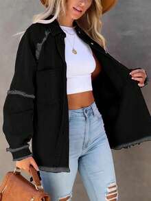 Frayed Hem Fashionable Loose Fit Pink Denim Jacket Vacation Casual Spring Black - Black - View 6