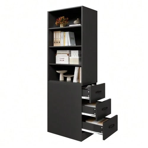 180 Cm High, Extra Narrow Bookcase With Side Drawers - Adjustable Shelves, Interchangeable Left And Right, Suitable For Small Spaces - Sideboard, Living Room Cabinet, Bookcase - Black - View 1