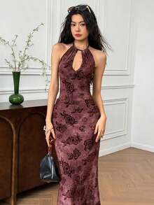 Women's Elegant Floral Flocked Sheer Backless Halter Mid-Length Dress  Women Dresses Birthday  Women Birthday Outfit Chinese Elements/Summer\Wedding Guest Dress\Party - 棕色 - 查看 7