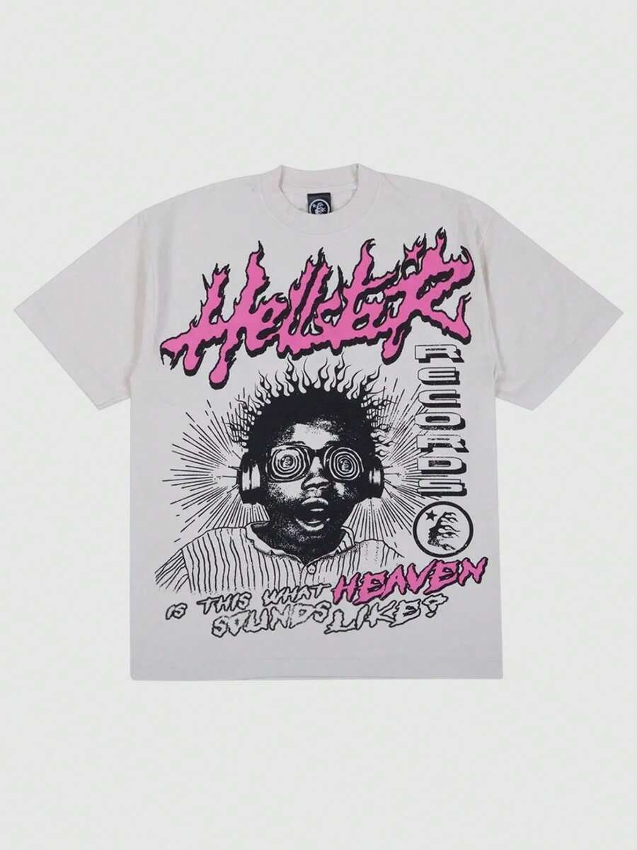 Hellstars Is This What Heaven Sounds Like? Y2K Graphic T-Shirt,220g 100% Cotton,Round Neck Short Sleeve,Cream Streetwear Essential,Unisex Style - White - View 1