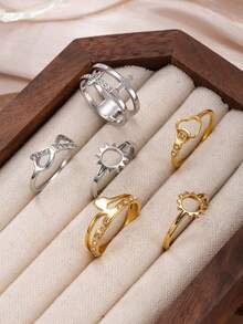 Set de 6 anillos de acero inoxidable con doble capa hueca y micro-incrustaciones de rhinestone, elegante y brillante, adecuado para uso diario, festivales, citas, regalo - Multicolor - Ver 7