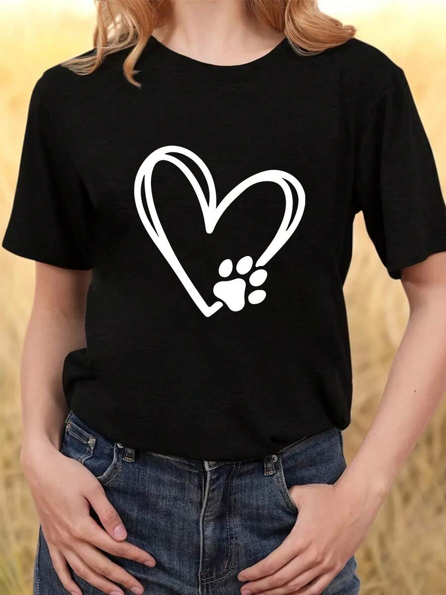 Love Pet Paw Print T-Shirt| Women'S Black Short Sleeve Loose Casual Top  Fashion Couple Style, Geometric-Pattern - 黑色 - 查看 1