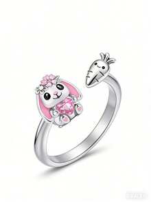 1枚可爱兔子胡萝卜开口戒指，经典马眼形单钻戒指，隐藏式光环结婚戒指，精致求婚戒指，女士珠宝 - 銀色 - 查看 15