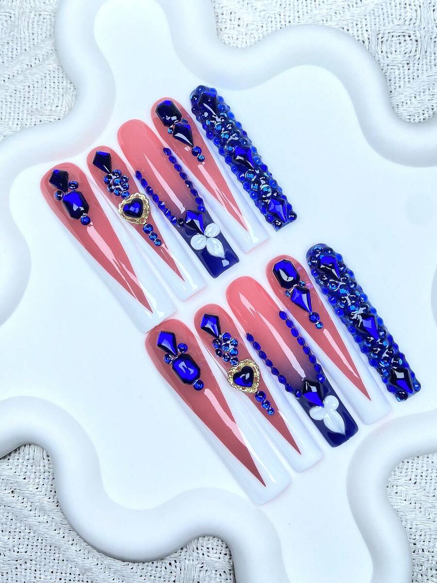 Bộ 10 móng giả dài kiểu Pháp Y2K, phủ toàn bộ móng, làm thủ công với đá rhinestone 3D màu xanh dương lấp lánh, thiết kế hoa văn thủ công, hoàn hảo cho đám cưới, tiệc tùng, Ngày Valentine, sinh nhật, quà Giáng sinh, cực kỳ vừa vặn, có thể tái sử dụng, 1 gel dán/1 miếng dán mini, bộ móng giả có thể tháo rời, phù hợp cho phụ nữ và các cô gái cho các bữa tiệc ngày lễ và sử dụng hàng ngày, sản phẩm làm móng - Nhiều màu - Xem 1