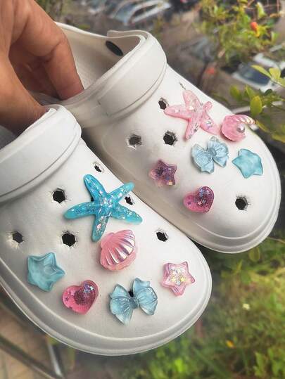 12pcs Bow, Starfish, Pearl Shell, Heart, Pentagram Shoe Charms Set, Suitable For Sandals, Beach Shoes, Slippers