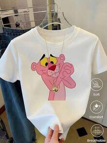 Women's White T-Shirt With  Graphic And Sunglasses, Retro Cartoon Aesthetic Short Sleeve T-Shirt, Fun Modern Top, Casual Street Fashion Blouse - 軍綠色 - 查看 12