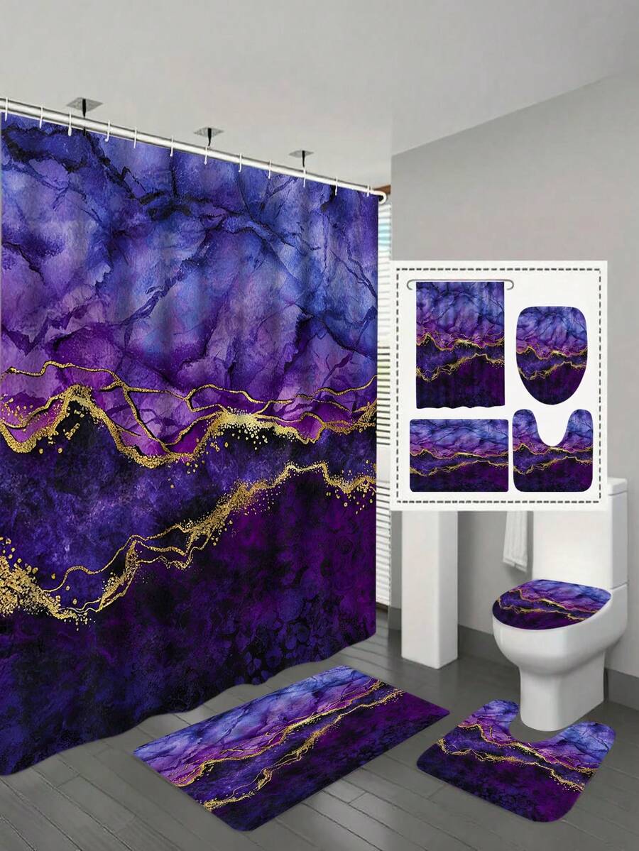 四件套金色镶边大理石纹浴室帘套装，包含浴帘、浴室地垫（包括浴垫、U型地垫和马桶盖垫）和12个挂钩 - 紫色