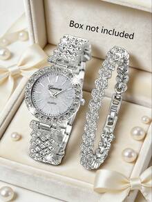 Set 2 buah Bezel dan Gelang Jam Tangan Bertabur Kristal, Dipadukan dengan Dial Berkilau, Memancarkan Aura Kemewahan yang Melekat - Perak - View 2