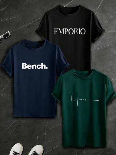 3pcs/Set Men's Fashionable Minimalist Slogan & English Graphic Round Neck Short Sleeve T-Shirts, Suitable For Street, Outdoor, Daily, Campus, Layering, Commuting, Versatile Wear