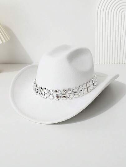 1pc Women's Solid Color Four-Leaf Clover Rhinestone Decoration Western Cowboy Hat, Suitable For Outings, Gatherings, Parties, Festivals, Dances, Outdoor Activities, Horseback Riding, Hiking, Beach, Swimming Pool, Vacation, Casual Felt Hat